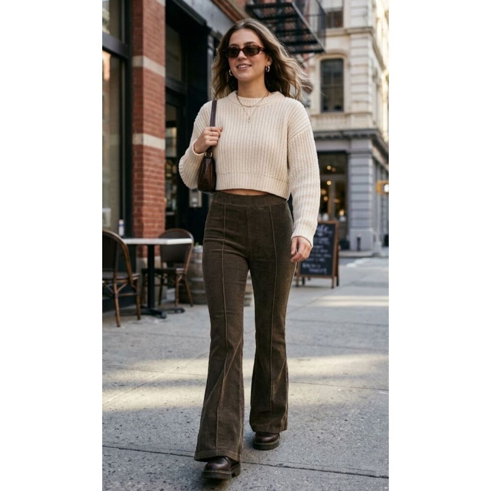 Aerie Groove-On Rib Velour Flare Pant High Waist Y2K Women's Size XS